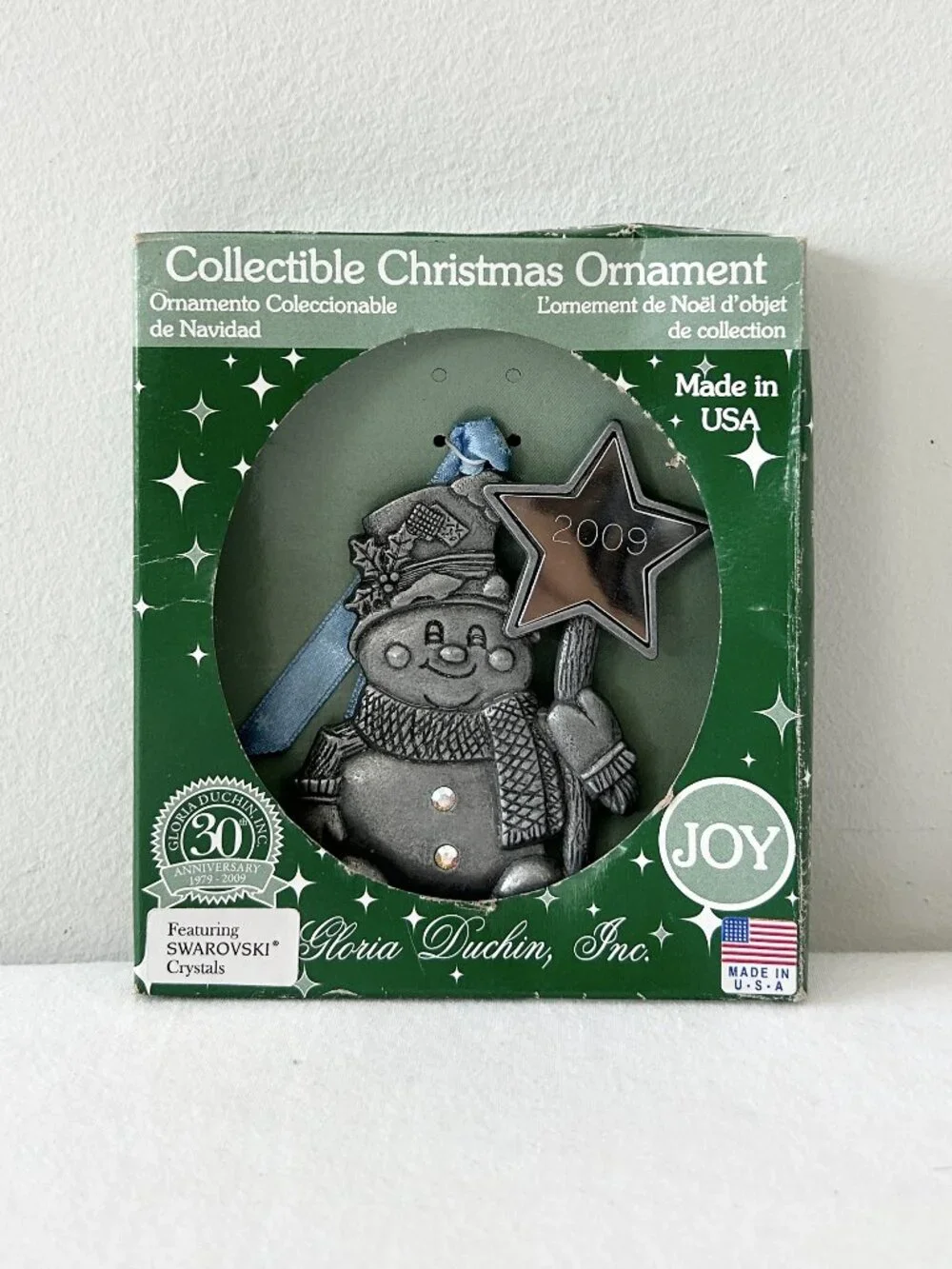 Gloria Duchin 2009 Snowman Ornament Pewter Swarovski Crystals Joy USA NIB